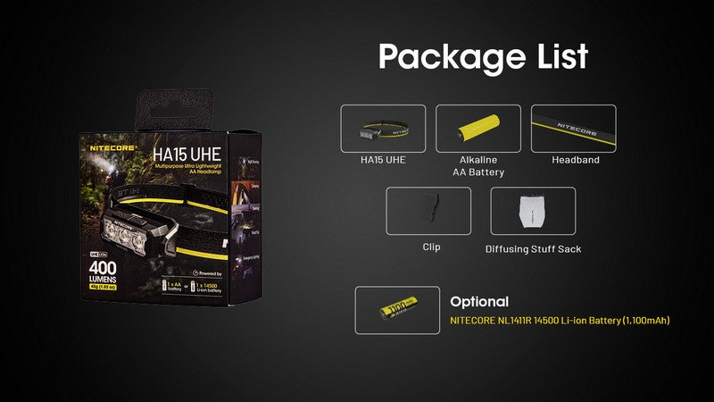 lampe frontale Nitecore HA15 UHE400 Lumens 19