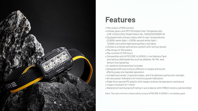 Lampe Frontale Nitecore HA23 UHE 600 Lumens 3 temperatures de couleur Do