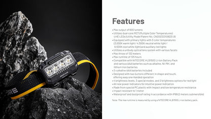 Lampe Frontale Nitecore HA23 UHE 600 Lumens 3 temperatures de couleur Do