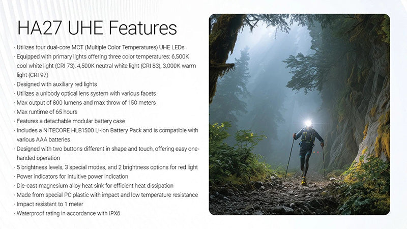 HA27 UHE – Lampe Frontale Nitecore – 800 Lumens – 3 Températures de Couleur – Triple Alimentation