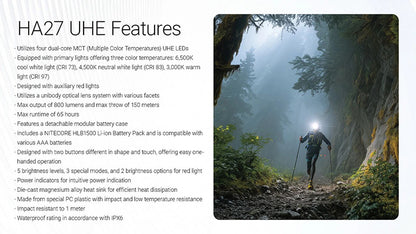 HA27 UHE – Lampe Frontale Nitecore – 800 Lumens – 3 Températures de Couleur – Triple Alimentation